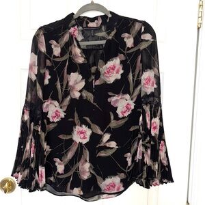 WHBM Floral Black and Pink Women's Top, ruched bell sleeves